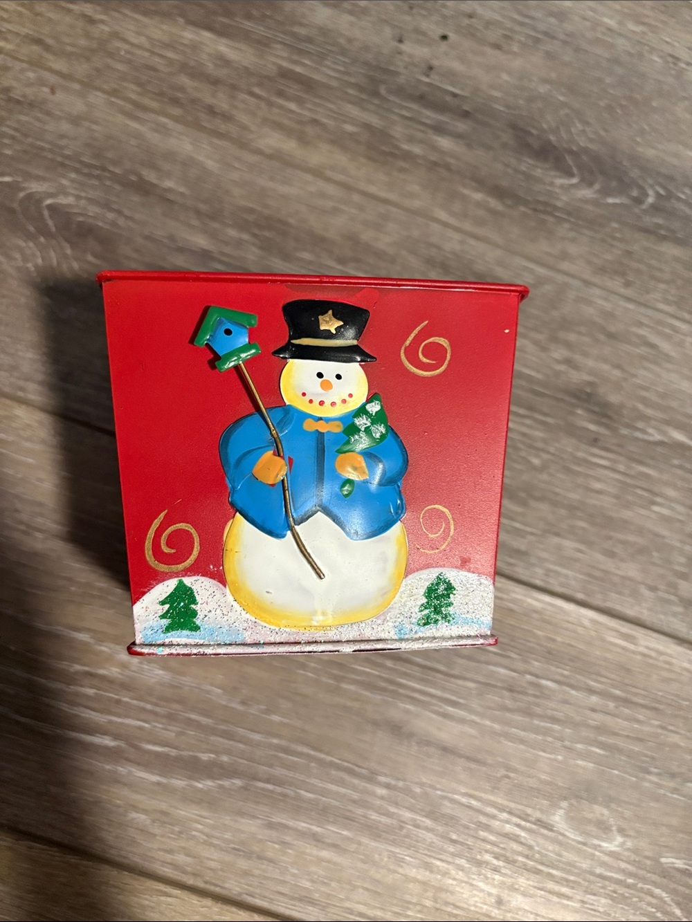 Holiday Snowman Decorative Tin - Red